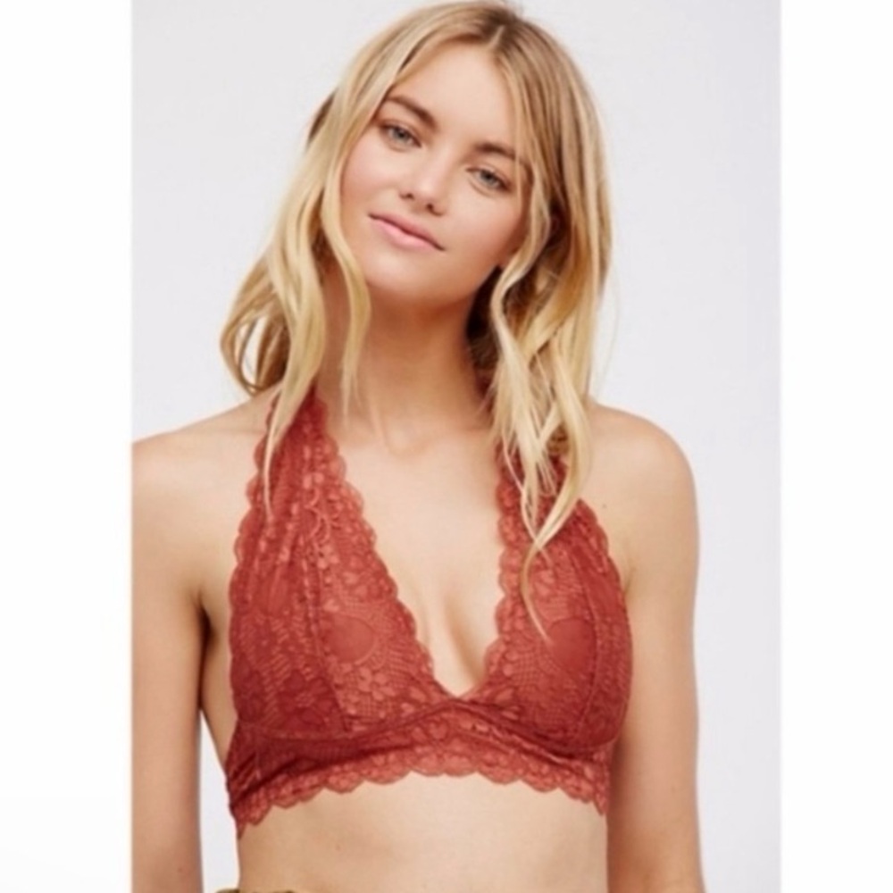 FREE PEOPLE Intimately Lace Halter Bralette Bronze M Boho Festival Chic